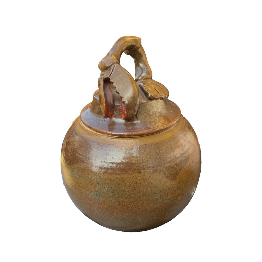 Vintage Brown Pottery Jar Hand-crafted Sculpted Handle Crab Claw Decorative Asia
